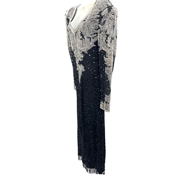 Vintage Fully Beaded Black Silver Evening Gown XL 14 Sequin Long Dress A… - Picture 6 of 16